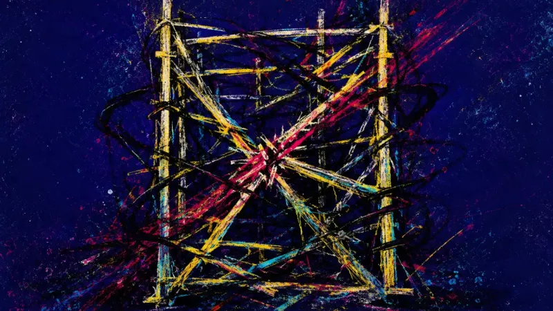 Collapsed Framework A warped scaffold tightly bound by chaotic lines, symbolizing performance anxiety and fear of scrut