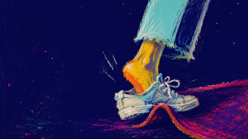Halfway In One shoe hangs half-off above a buckled doormat, capturing the split second when coming home no long
