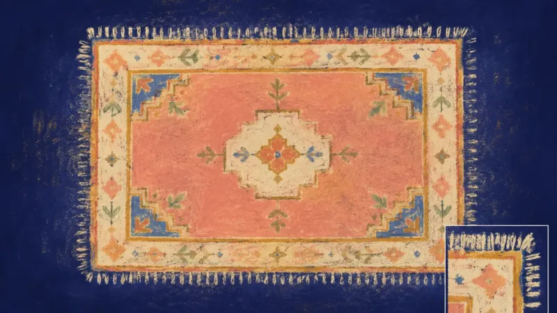 Room Reclaimed A rug opened into a balanced, orderly shape, representing home rebuilt through small rituals, self-d