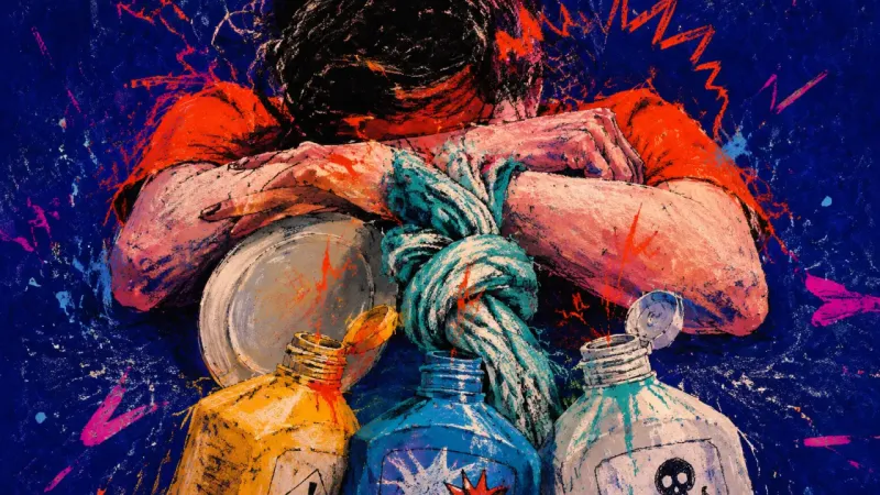 Inspection Hour A cropped figure bends over open cleaning bottles and a knotted dish towel, symbolizing frantic over