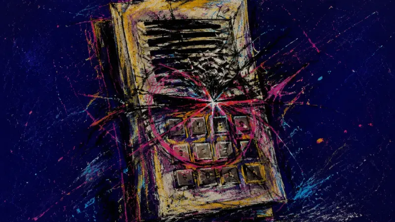 Crushed Summons A distorted intercom panel overwhelmed by dense marks, symbolizing approval-triggered panic and fear