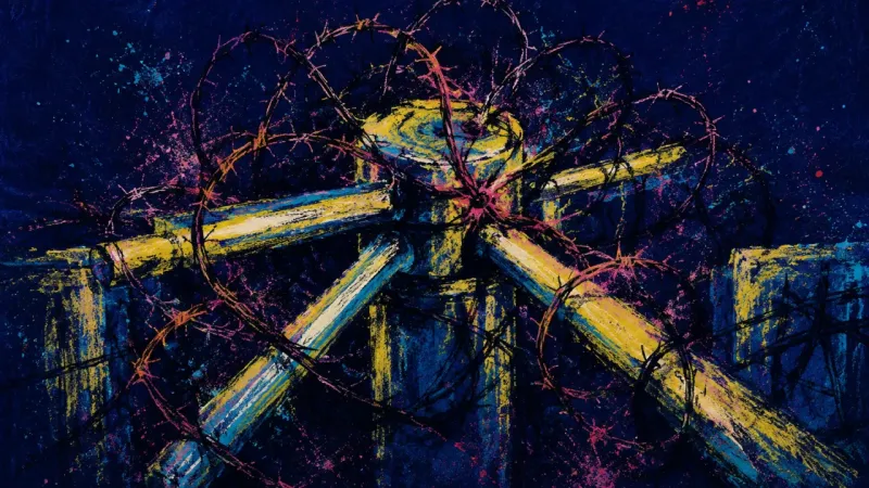 Locked Passage A jammed turnstile tangled in harsh crossing marks, representing intimacy panic, shutdown, and the u