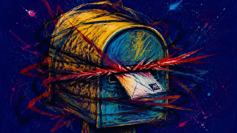 An abstract depiction of job-search perfectionism, showing a mailbox jammed shut to express stalled