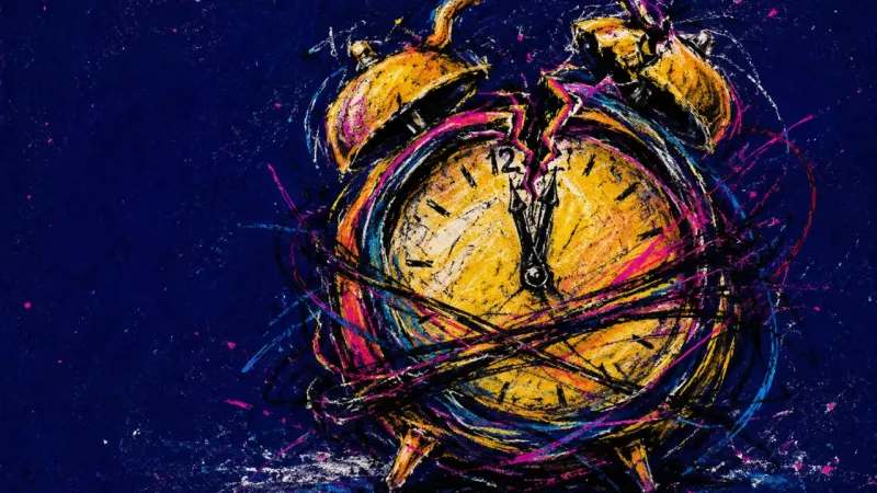 Crushed Rhythm An alarm clock warped and bound by chaotic marks, representing functional freeze, missed routines, e