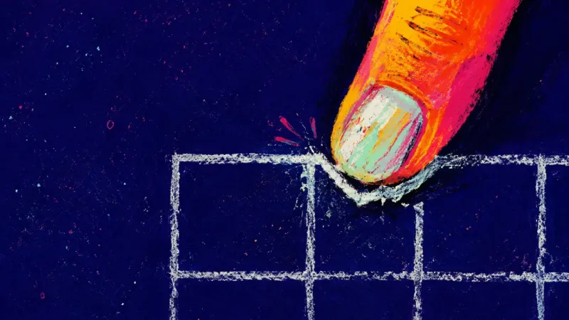 The Graded Gap A thumbnail grinds into the border of one empty habit-tracker square, showing perfectionist shame on