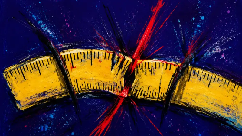 Bent by Measure A warped ruler trapped in dense scoring marks, representing perfectionism and the belief that one