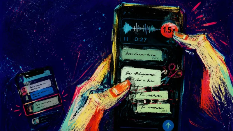 Borrowed Static Hands hold a phone with one voice note sped up and another chat reopened, showing the strain of back