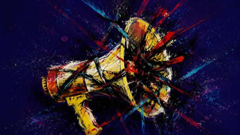 Choked Broadcast A crushed megaphone tangled in harsh lines, representing the pressure of mediating two friends' con