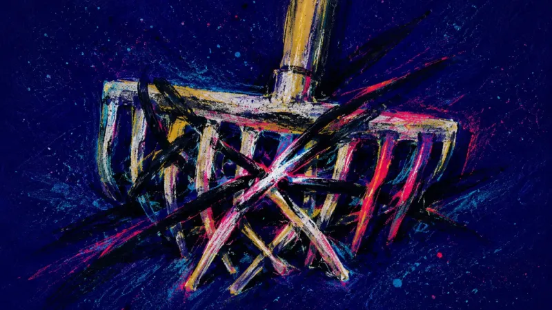 An abstract representation of backlog paralysis, with a rake crushed into tangled rows and trapped