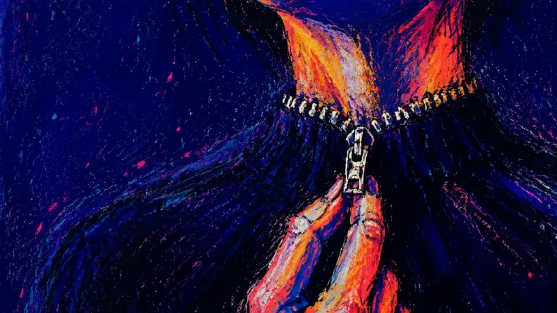 Before the Answer A zipper pulled tight at the throat, reflecting the urge to choke back messy truths before a family