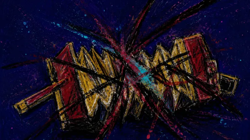 Strangled Signal An abstract bellows crushed into a blocked, chaotic form, representing shame-driven self-editing and