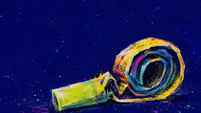 A party horn crushed back into itself, symbolizing the urge to swallow the sting of a forgotten date