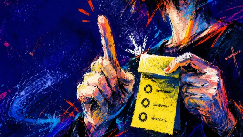 Missed Entry A half-raised finger beside a three-bullet sticky note folded into a rigid strip, symbolizing losing