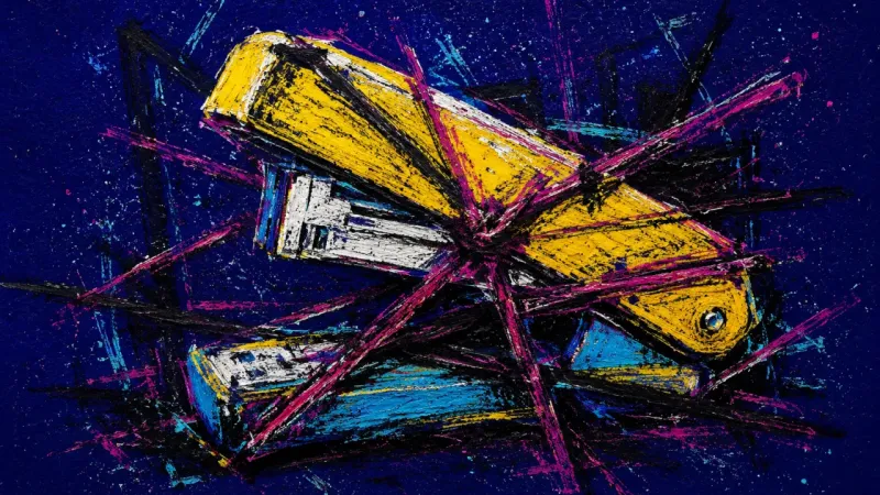 Clamped Sentence A warped stapler trapped in chaotic pressure, representing self-silencing and credibility strain