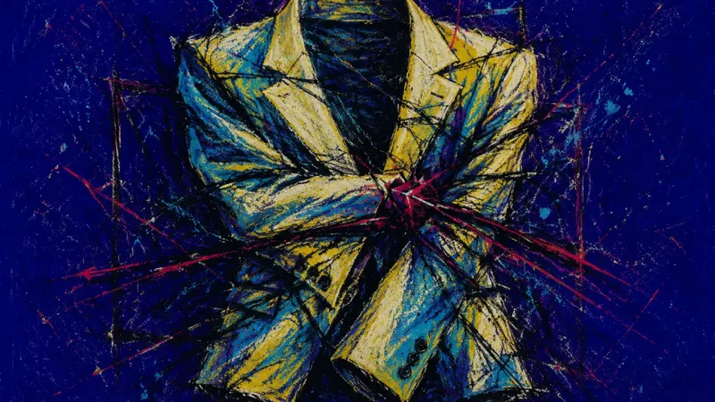 An abstract image of a blazer compressed by self-surveillance and fear of being seen, expressing
