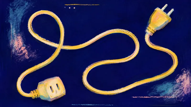 An untangled extension cord represents exclusion anxiety easing into direct connection and steadier