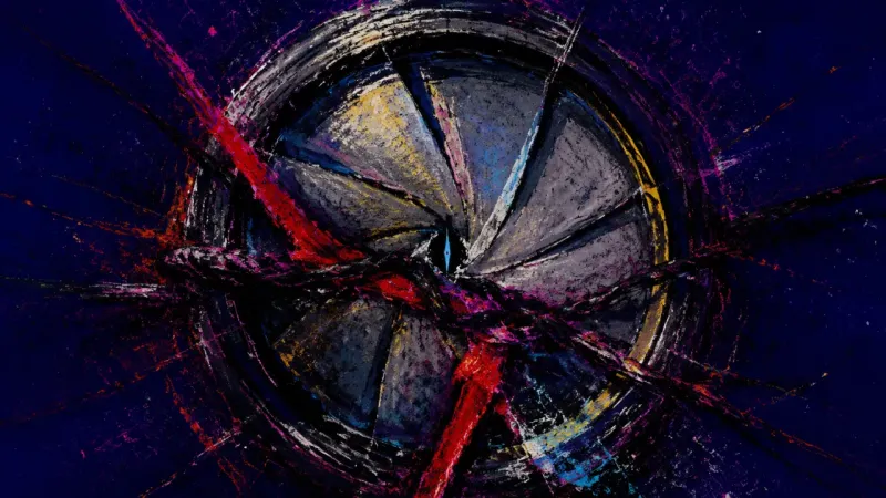 Seized Aperture A camera iris clenched into a narrow opening and crossed by chaotic marks, representing self-silenc