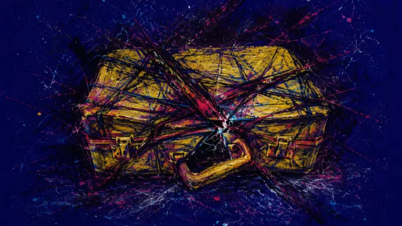 Caged for Departure A distorted suitcase crushed by chaotic crossing lines, representing a booking freeze shaped by old
