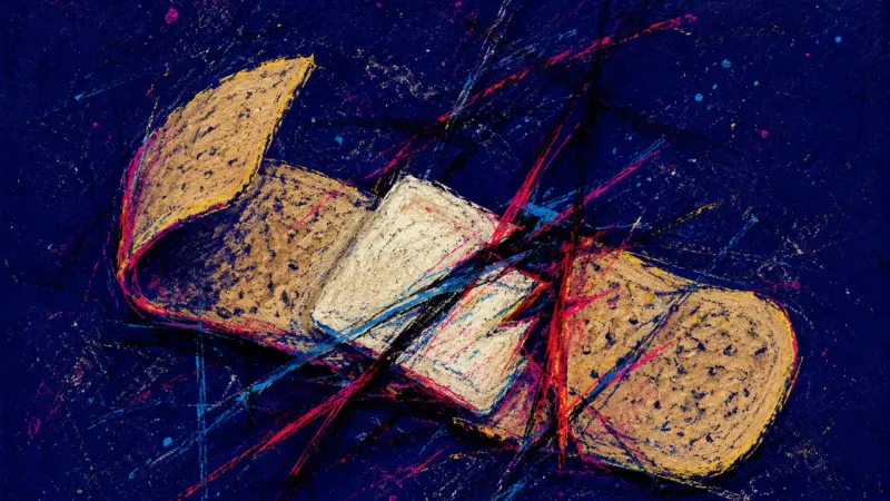 Reopened Loop An abstract bandage pulled out of shape and trapped in chaotic marks, representing heartbreak repea