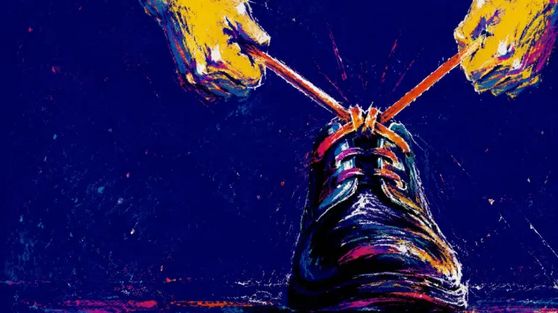 Hands pulling work-shoe laces into an over-tight knot, symbolizing Sunday-night pressure around an R