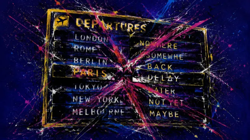 An abstract departure board jammed in conflicting half-flipped rows, representing career paralysis d