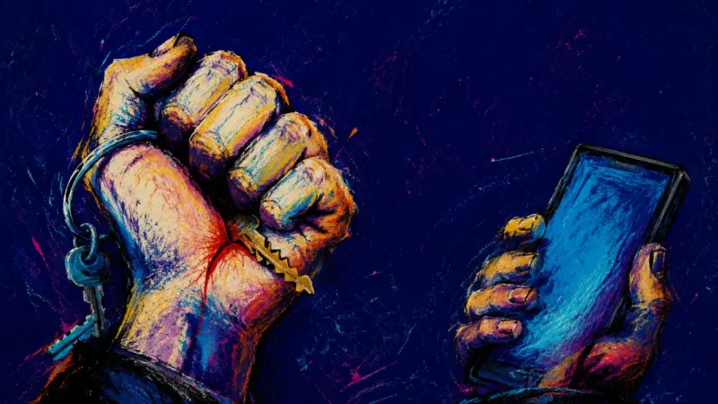A hand grips keys so tightly they mark the palm while the other hand holds a phone, capturing the Tt