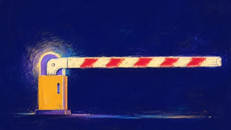 A restored boom barrier with a clean open span, representing calm self-trust and adult boundaries in