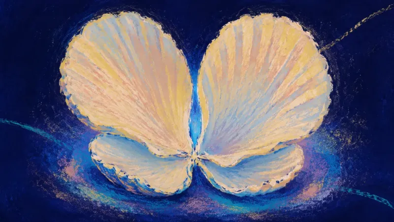 Measured Opening A reopened shell form with balanced curves and clear edges, representing intimacy returning through