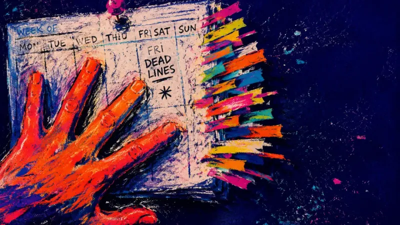 Borrowed Deadlines A weekly planner pinned under tense fingers as too many sticky flags crowd one day, reflecting over-