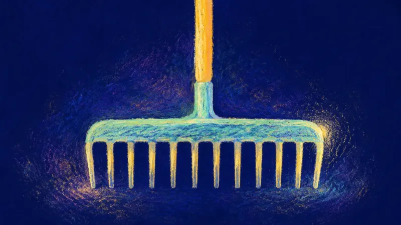 Steady Rows An abstract representation of career comparison anxiety easing, where a rake regains balance, clear