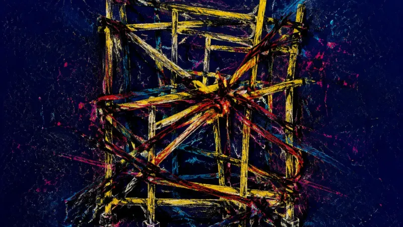 Collapsed Framework An abstract representation of post-layoff anxiety, where compulsive checking and comparison collapse