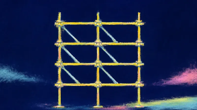 Restored Framework An abstract representation of post-layoff anxiety resolving into steady routine, where structure ret