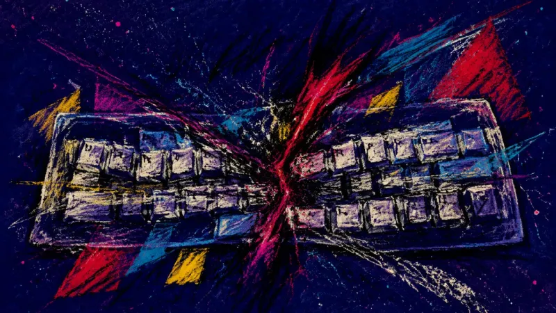 Jammed Syntax An abstract keyboard crushed into a jammed grid, representing late-text shame and communication