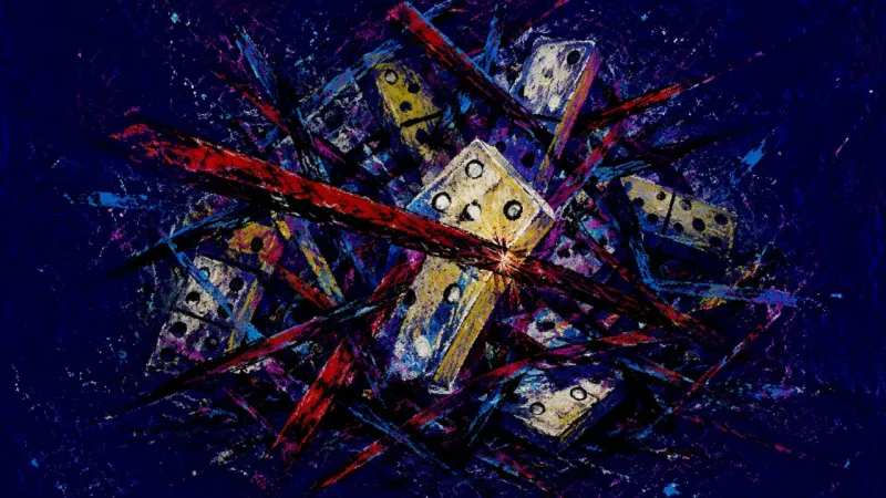 Dominoes collapse into a jammed cluster, representing overwhelm, shame, and a life-admin backlog tha
