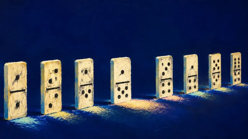 Dominoes settle into an even progression, representing restored order, follow-through, and a steadie