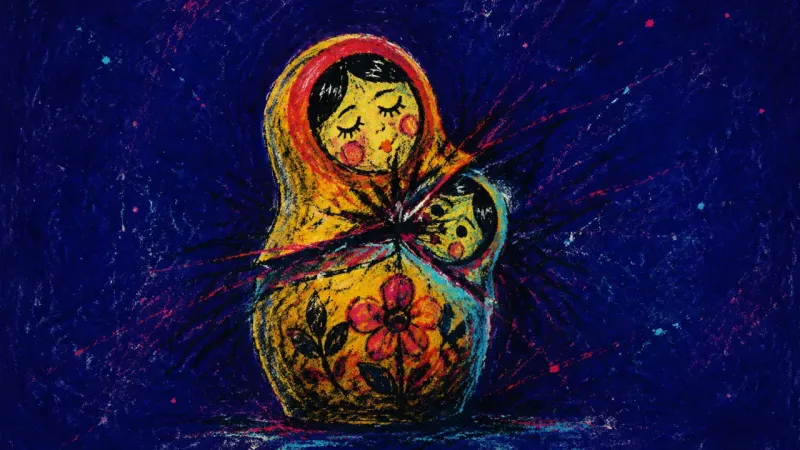 Nested Obedience A nesting doll collapsing into smaller inner shapes, symbolizing family-role regression and people-
