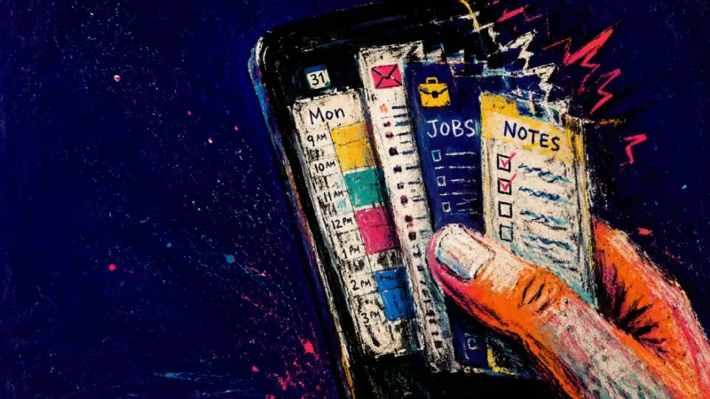 A phone stuck in app-switch view as calendar, job listings, inbox previews, and notes pile into one,