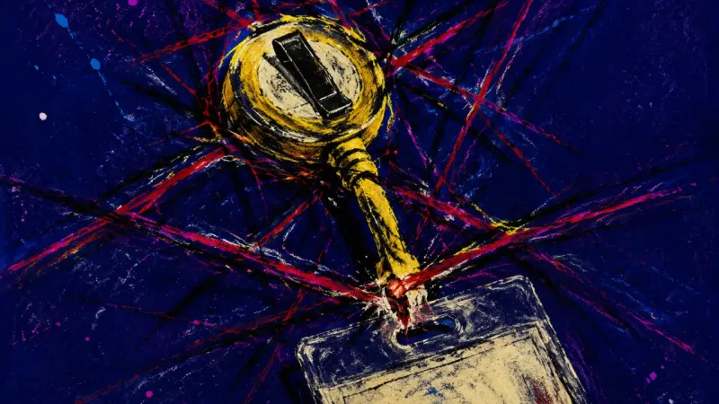 Tethered Proof A distorted badge reel and work pass tangled in dense marks, symbolizing workplace visibility anx