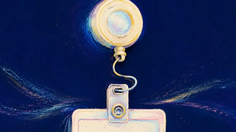 Quiet Standard A badge reel and work pass restored to an orderly form, symbolizing calmer professionalism built on
