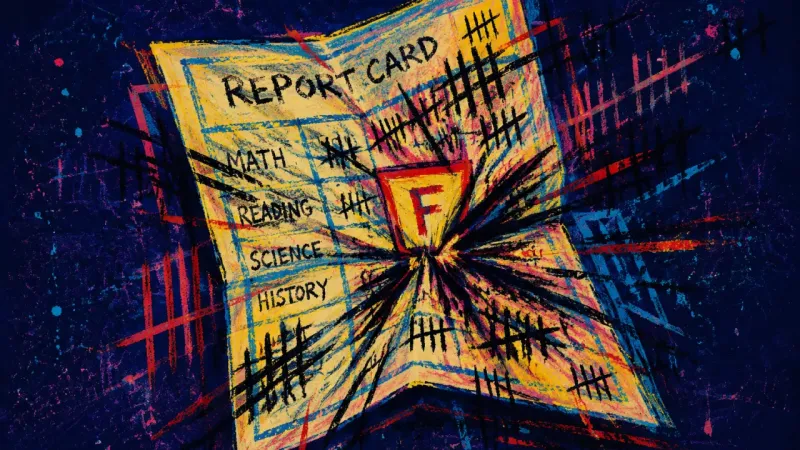 Verdict by Numbers A warped report card overrun with tally marks and harsh cuts, symbolizing perfectionism that turns \
