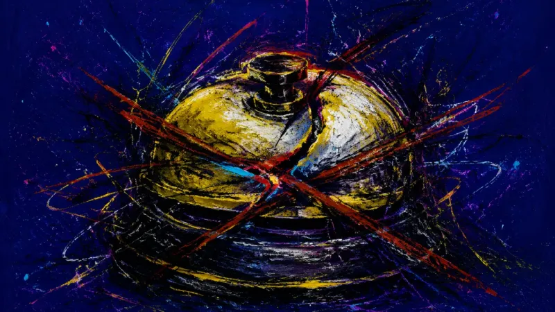 Silenced Request A jammed service bell tangled in harsh marks, symbolizing guilt-driven self-silencing around a s
