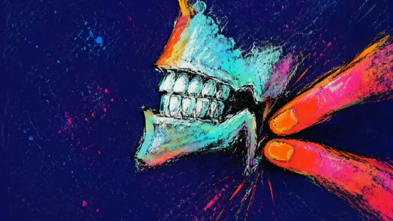 Locked Hinge Two fingers press into a locked jaw, capturing the bottled anger and hesitation of being written out