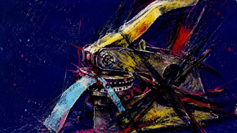 Jammed Attribution An abstract label embosser twisted into a jam, representing credit theft at work, spiraling over