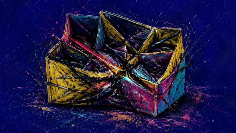 Collapsed Order An abstract desk organizer with collapsed compartments and tangled marks, reflecting life-admin,