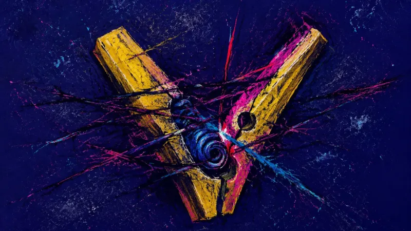 Pinned Against Itself A distorted clothespin tangled in crossing marks, showing guilt, split loyalty, and the strain of ov