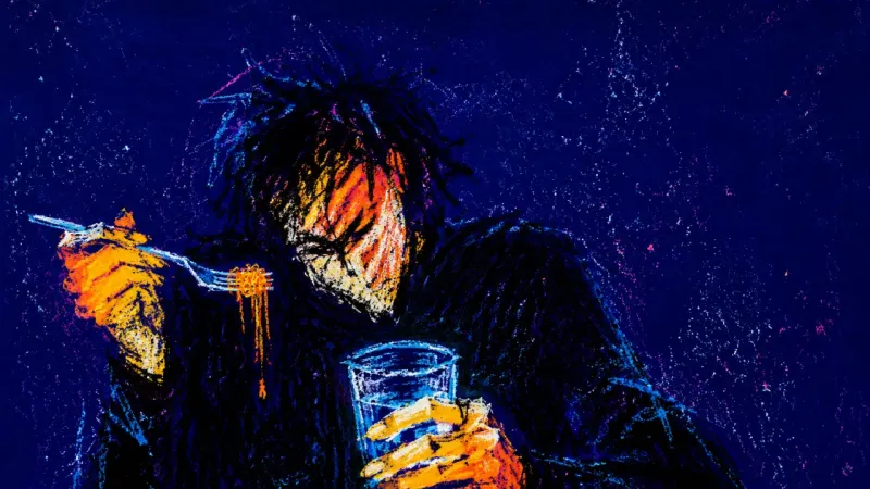 Midair Silence A person grips a water cup while holding a fork in a stalled half-bite, showing the freeze of losing