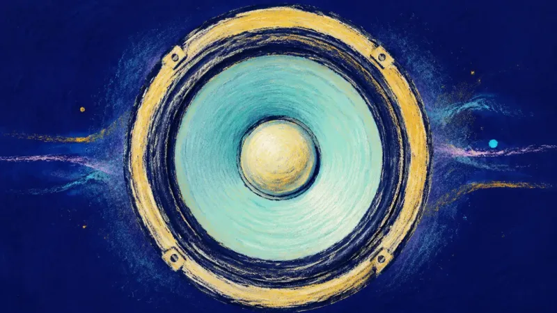 Open Frequency A restored speaker cone regains open, balanced form, representing calm self-expression and adult