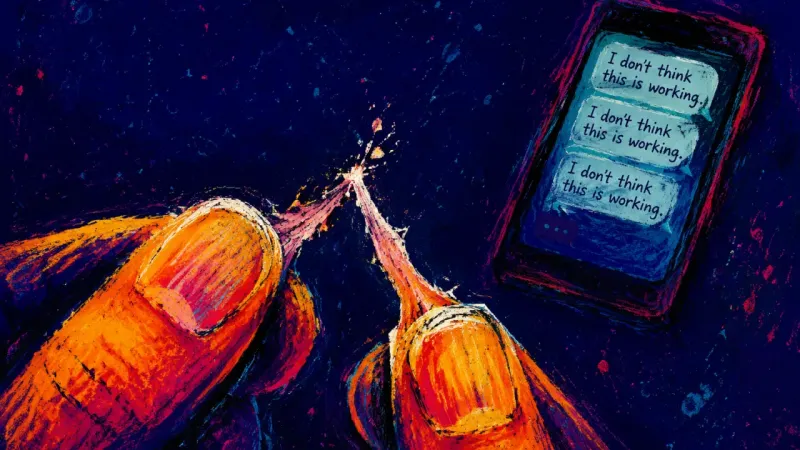 The Unsent Edge Two fingertips peel a split cuticle into a thin ribbon, reflecting breakup paralysis driven by guilt