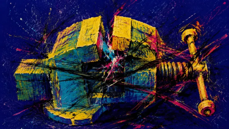 Cranked Shut An abstract breakup-paralysis image showing guilt and overthinking as a clamped form squeezed shut