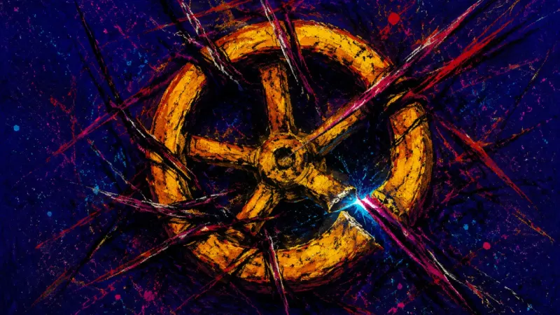 Choked Valve A warped valve wheel snarled by dense crossing lines, representing digital boundary guilt, overthink